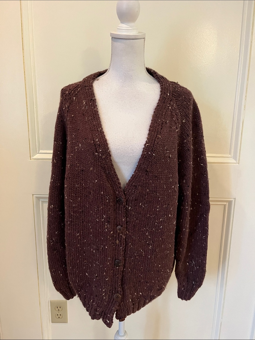 Cozy Chunky Hand Knit V-Neck Cardigan Sweater in Deep Brown